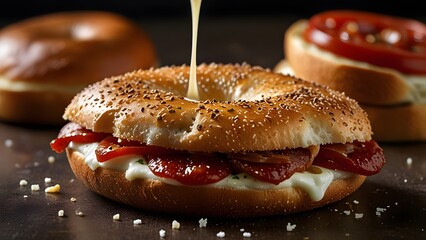 Crispy pizza bagel with melted mozzarella and beef pepperoni slices