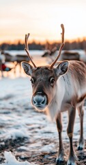 Fototapeta premium Reindeer portrait, snowy landscape, sunset.