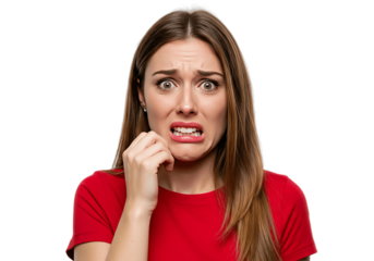Image of scared shocked nice woman posing and looking at camera isolated on transparent png background