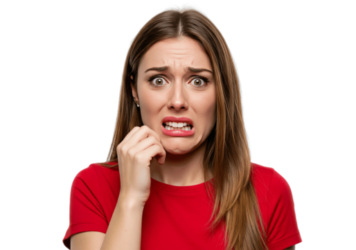 Image of scared shocked nice woman posing and looking at camera isolated on transparent png background