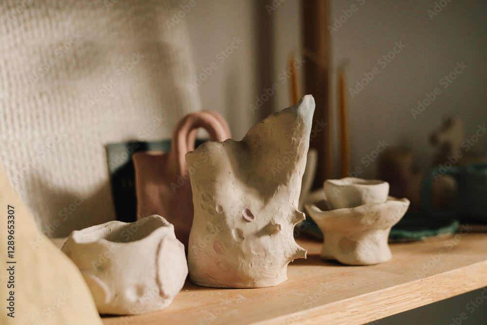 Poster Shelf with handmade clay cups and plates in the pottery studio. Creating ceramics ware with own hands.