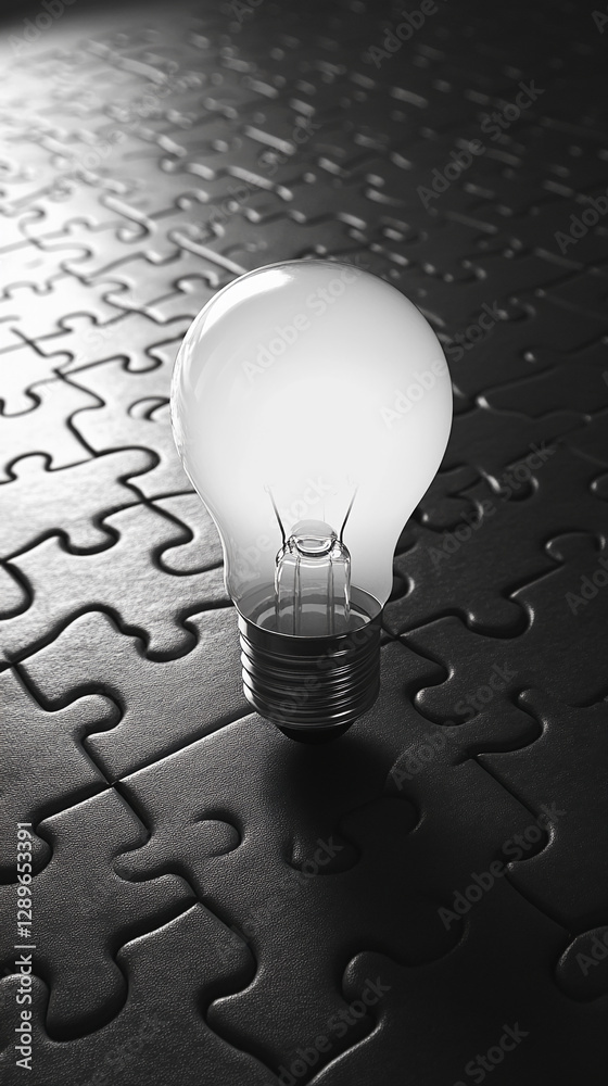 Poster close-up of a light bulb placed on a black puzzle piece background, symbolizing creativity, problem-