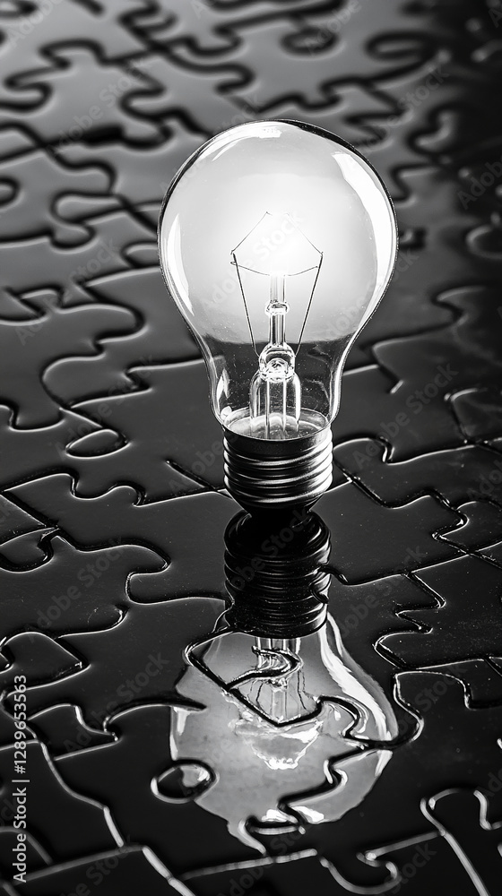 Poster close-up of a glowing light bulb on a black puzzle piece background, symbolizing ideas, innovation, 