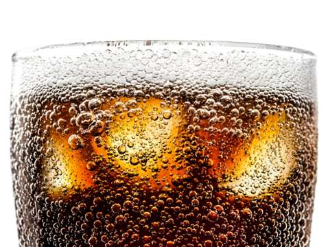 A close-up of overflowing cola fizz, bubbly and dark brown, cascading over the edge of an invisible glass, sparkling carbonation with tiny bubbles rising.