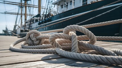 Obraz premium Nautical rope on a wooden dock next to a sailing ship. Maritime scene with focus on texture and nautical elements. Dockside tranquility.