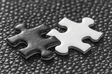Fototapeta premium Two individual puzzle pieces one black and one white are closely positioned against a solid background showcasing their details and textures in a carefully arranged flat lay.