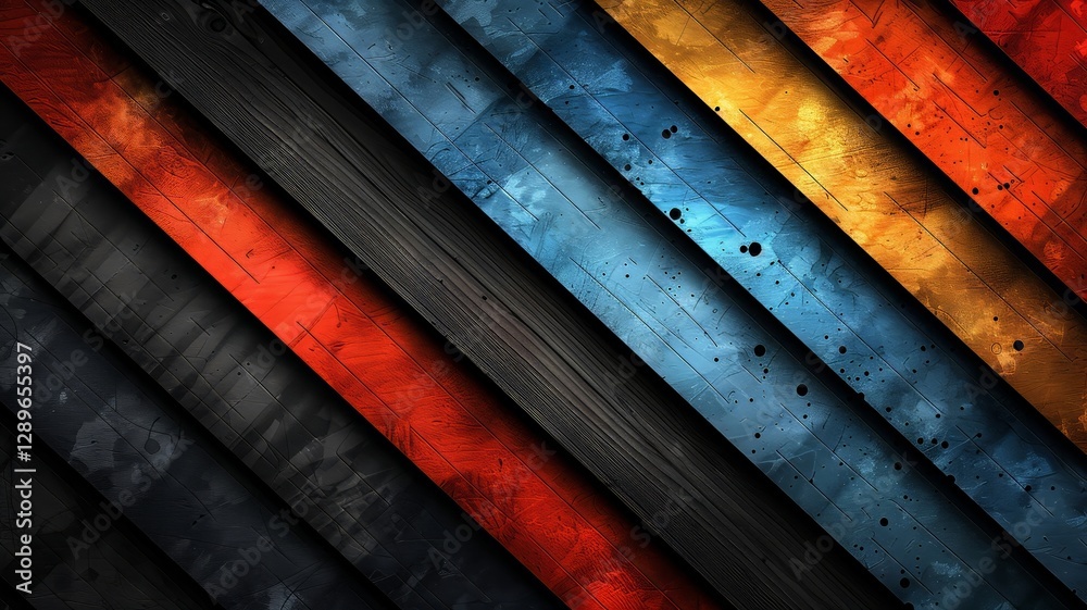 Poster a dynamic background showcases a play of abstract red stripes and intricate blue patterns layered ov