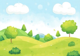 Fototapeta premium Illustrated Spring Landscape Green Hills, Lush Trees, and Fluffy Clouds