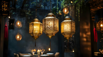 Hanging golden lantern creating a warm and elegant festive atmosphere