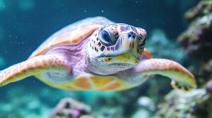 Sea Turtle in Aquarium, Close-up View of Marine Reptile