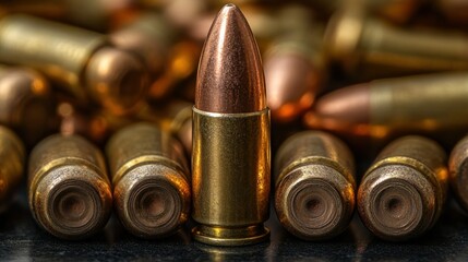 Single bullet cartridge in foreground, surrounded by many more