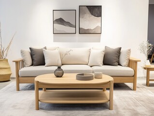 Modern living room with beige sofa, wooden coffee table, and abstract art.