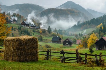 Fototapeta premium Misty Mountain Village in Autumn Traditional Houses and Hay Bales