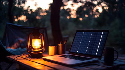 Laptop, solar panel, and lantern set up on a campsite table at dusk, capturing an off-grid life