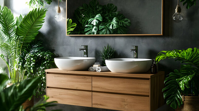 Modern wooden bathroom vanity with dual sinks, complemented by lush green plants for a refreshing ambiance