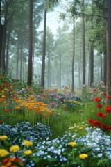 Fototapeta premium Beautiful colorful wild flowers in deep foggy forest with sun light in Spring.