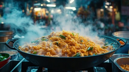 Steaming noodles cooking market night food stall