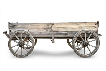 Fototapeta premium Rustic Weathered Wooden Wagon with Spoked Wheels on White Background