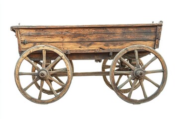 Fototapeta premium Rustic Weathered Wooden Wagon with Spoked Wheels on White Background