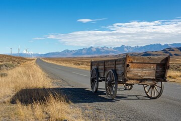 Obraz premium Rustic Wooden Cart on Gravel Road, Wind Turbines and Mountains Under a Bright Blue Sky