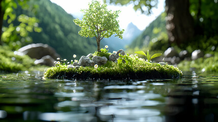 Naklejka premium Serene mountain stream, tiny island tree, calm waters, lush greenery background, eco concept