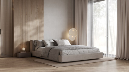 Modern minimalistic bedroom interior design, 3d visualization