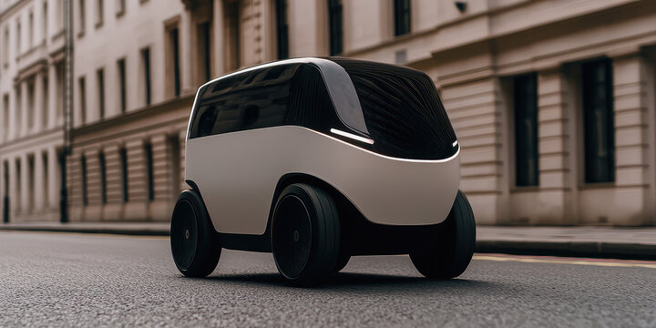 A modern delivery robot rides with a box down a city street. Automated delivery by a robot on wheels.