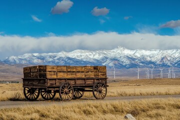 Naklejka premium Vintage Wooden Wagon in Arid Landscape with Snow Capped Mountains