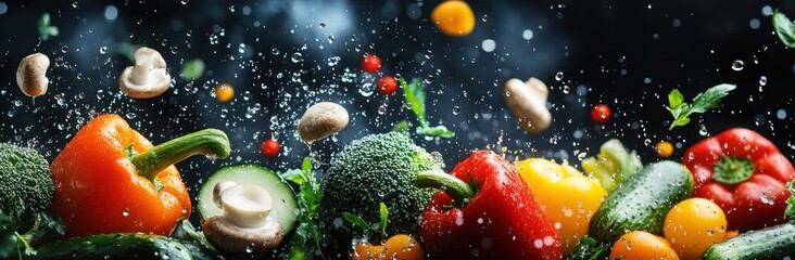 Colorful Fresh Vegetables Splashing in Water with Bubbles Against a Dark Background for Healthy Eating and Culinary Inspiration