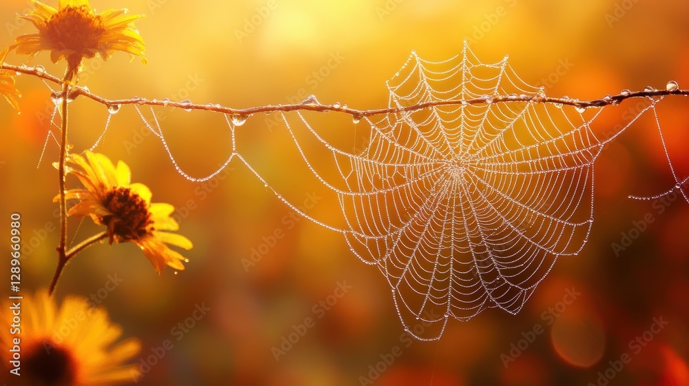 Wall mural beautiful spider web in wild field with dew in morning in spring.