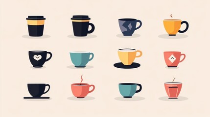 Fototapeta premium Coffee cups, minimalist design, flat graphic style, vibrant colors, black blue pink green, simple shapes, geometric artwork, clean lines, modern illustration, vector graphics, café icons, beverage sym