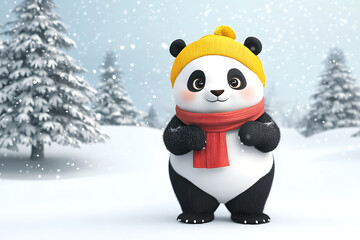 A cute panda in a yellow hat and red scarf stands in a snowy landscape.