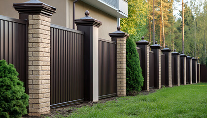 Fototapeta premium Modern wooden and brick fence with shutters blinds