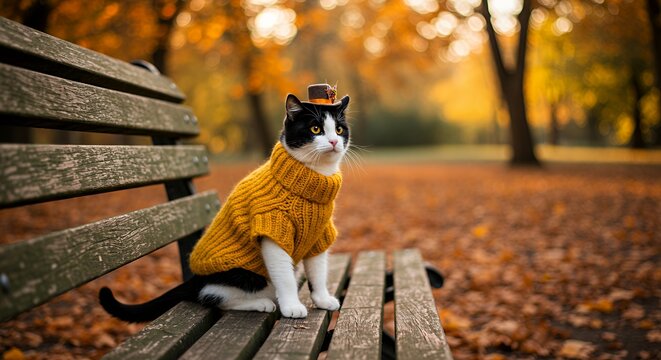A cat in a cozy yellow sweater sits on a bench amidst autumn leaves. - Powered by Adobe