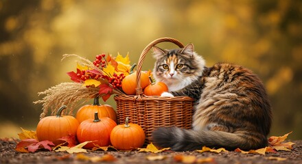 A cat nestled beside pumpkins and autumn leaves in a cozy fall setting.