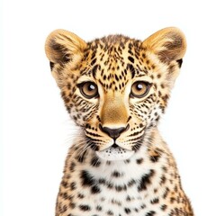 Fototapeta premium Captivating closeup of a leopard, showcasing its stunning fur and intense gaze against a clean white backdrop.