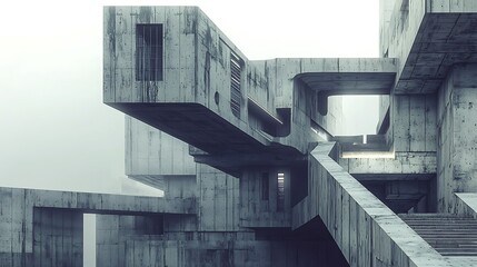 A digital representation of artificial intelligence captured in Neo Brutalist style, where angular concrete structures and futuristic design elements form the basis of the narrative