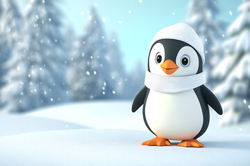 A cute cartoon penguin wearing a scarf stands in a snowy landscape with falling snowflakes.