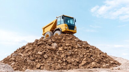 Obraz premium Yellow Dump Truck on Pile of Dirt, Construction Site, Sunny Day, Outdoor Scene, Perfect for Stock Photo