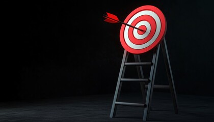 High Step Ladder Challenge: Target Board And Arrow For Goal Ting, Smart Goal, Business Target, Achievement, Success, Motivation To Move Up And Achieve Targets, Rendering.