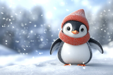 A cute penguin wearing a red hat and scarf stands in a snowy landscape with falling snowflakes.