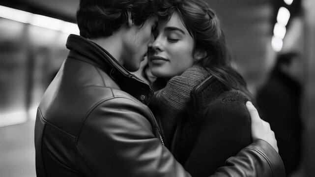 Couple shares tender embrace in subway, capturing essence of love and connection. Warmth of their expressions highlights strong bond in a bustling urban environment