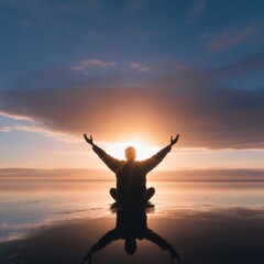 silhouette of person meditating at sunset