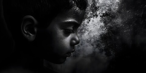 Young boy with his eyes closed and his mouth open. The image is black and white. The boy appears to be in a state of shock or surprise