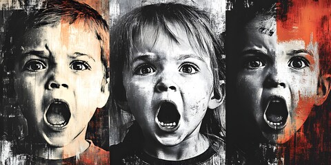 Three children with their mouths open, one of them with a mouthful of food. The image is a collage of three different faces, each with a different expression. Scene is playful and lighthearted