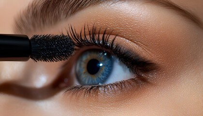 Naklejka premium Young Girl Seen Applying Black Mascara To Her Eyelashes In A Close-Up Shot During A Professional Makeup Master Class