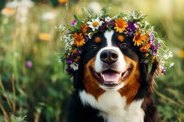 Golden sunrise. Warm season happiness. Cute baby dog bernese mountain dog wearing feral flower crown on its head. Holiday excitement for pets. Puppy enjoying the beauty of summer.