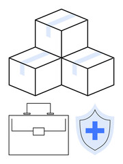 Three stacked boxes, a briefcase, and a shield with a cross demonstrate concepts of logistics, packaging, healthcare security, and storage. Ideal for shipping, delivery, business operations