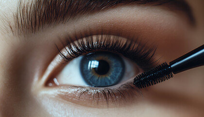 Naklejka premium Young Girl Seen Applying Black Mascara To Her Eyelashes In A Close-Up Shot During A Professional Makeup Master Class