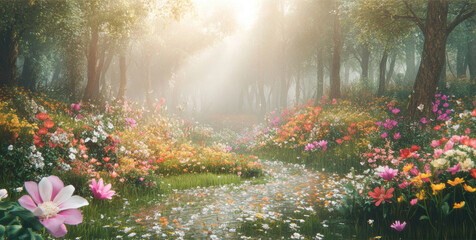 Obraz premium Beautiful colorful wild flowers in deep foggy forest with sun light in Spring.